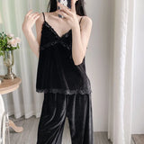 Gold velvet three-piece pajamas set, autumn and winter lace nightgown, sexy home wear with chest pad