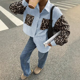 2026 New Women's Loose Casual Leopard Stripe Patchwork Long Sleeve Shirt with Pockets Turn Down Collar Blouse Top