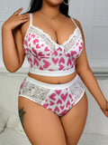 New Arrival Plus Size Sexy Heart Print Lace Lingerie Set, Plunge Cami Bra and Panty