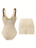 Vintage Beige Ribbed Swimwear Skirt Set Women Metal Buckle Strap V Neck Hollow Out Backless Bathing Suit One Piece Swimsuit 2026