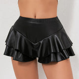 Women’s Summer Solid Color Faux Leather Ruffle Skorts Elastic High Waist Loose Shorts Casual Skirts