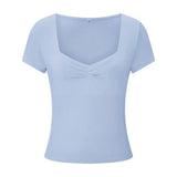 New Women T-shirt Summer Solid Color Short Sleeve Square Neck Slim Fit Crop Tops Casual Elegant Basic Tee Shirts