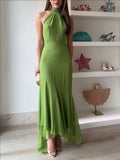 Temperament Halter Neck Long Dresses Women Green Backless Leace-up Irregular Package Hip Party Dress Elegant Banquet Vestidos