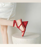 Brand Design Cross-Strap Rhinestone Sandals Summer For Women Crystal Strange Style High Heels Buckle Strap Dress Shoes Blue Red