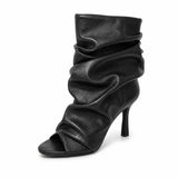 Black Soft Leather Peep Toe Pleated Mid-calf Boots Fashion Women 5 CM Thin Heels Solid Booties High Heel Boots Shoes Lady