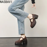 Ladies Retro Style High Heel Single Shoes for Women Platform Thick Heel Buckle Design Casual Loafers T-strap Leather shoes New