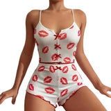 2 Pcs/Set Summer Women Pajamas Set Butterfly Heart Printing Sleeveless Backless Cop Top High Waist Shorts Sleepwear For Sleeping