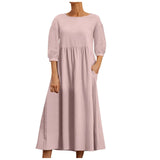Womens Casual Summer Cotton Dress With Pockets 3/4 Sleeve Loose Midi Shirt Dress Women Dresses With Short Sleeves Vestidos