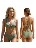 Women 2 Piece Bikini Set Fashion Solid Color Sleeveless Tie up Front Bra and Low Waist Briefs Summer Holiday Bathing Suit