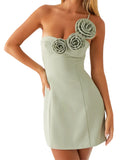 Women's Summer 3D Flower Mini Dress One Shoulder Spaghetti Strap Solid Color Slim Fit Dresses Party Clubwear