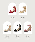 Beige Suede Ankle Strap Block Heel Sandals for Women, Round Open Toe with Rhinestone Accent, Multiple Colors Available