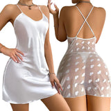 Silk And Tulle Patchwork Ultra-Thin Nightgown Sexy Women's Drees Solid-Color V-Neck Female Pajamas Heart Print Elegant Nightwear