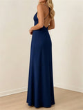 Summer Women's Satin Long Dress Spaghetti Strap Sleeveless V Neck Cutout Slim Fit Elegant Dress for Party Evening Solid Color