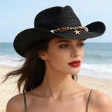 Women Men Straw Cowgirl Hat Starfish Shell Decor Western Panama Jazz Hat Summer Sun Hat for Travel Beach