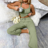 Women Sleepwear Lace Suspenders Tops and Long Trousers Set Two Pieces Pajamas Set Comfortable Loungewear Home Clothes