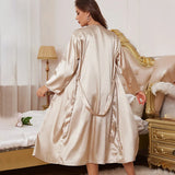 Women Summer Stain Ice Silk Pajamas Set Ladies Nightgowns 2pcs Satin Robes and Nightdress Set Home Wear Loungewear