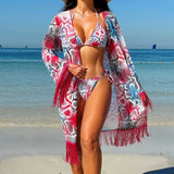 Three Pieces Bikini Set Cover Up Swimwear High Waisted Bikini Set Women's Swimwear Print For Female Bath Suit Tropical 2024