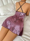 Valentine's Day Heart Printed Silk Satin Nightgowns for Women Sleepwear Sexy Nightdress Backless Nighties Lounge Wear