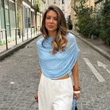 FDYOUI Women's Summer Polka Dot Print Shawl Tops High Street Ladies Fashion Sexy Folds Slim T-shirt Holiday Party Tee Shirts
