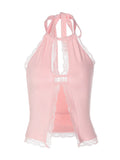 FDYOUO Sexy Halter Lace Patchwork Camisoles Women Fashion Backless Hollow Out Corset Pink White Bandage Tanks Top Y2K Streetwear