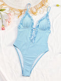 Deep V Neck Frilled Ruffled Halter Women Swimwear One Piece Swimsuit Female Monokini High Leg Cut Bather Bathing Suit Swim V8055