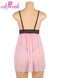 Pink Embroidery Lace Babydoll Nightdress for Women Sheer Mesh V Neck Sleepwear Plus Size With Thong