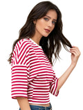 Women Summer Fashion Casual Elbow Sleeve T-Shirts Stripe Cinched Waist Crew Neck Tops Streetwear