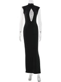 Ahagaga Fashion Sexy Women's Maxi Dresses Turtleneck Short Sleeves Hollow Out Lace Patchwork Sheath Split Party Solid Vestidos