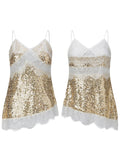 Women Camisoles Solid Color Lace Trim Sequins Spaghetti Strap Tank Tops Summer Fashion Sleeveless Vests Streetwear