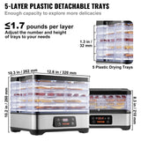 VEVOR 5 Tray Food Dehydrator With Digital Timer And Temperature
