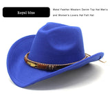 Women Men Wide Brim Floppy Cowboy Hat Western Style Wool Felt Flat Top Cap Classic Vintage Bowler Hat Party