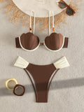 Sexy Coffee Contrast Ruffles Thong Bikini Set Women Hollow Out Push Up Underwire Bra Swimwear 2026 Summer Bathing Suit Swimsuit