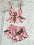 Summer 2-pieces Pink Leopard Printed Pajamas Set for Women Sexy Ice Silk Stain Sleepwear Casual Crop Tops and Shorts Lounge