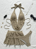 3PC with Skirt Wrinkled Halter Tankini Bikini Women Swimwear Female Swimsuit Three-pieces Bikini Set Bathing Suit Swim Beachwear