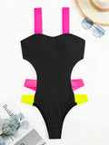 Splicing Black Contrast Women Swimwear One Piece Swimsuit Female Monokini High Cut Bather Backless Bathing Suit Swim Beachwear