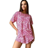 Leopard Print Pajama Set Casual Short Sleeve Top And Matching Elastic Shorts Stylish Comfortable For Ladies Summer Loungewear