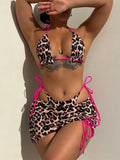 2026 Summer Leopard Print 3 Pieces Suit Swimwear Reversible Sexy Halter Lace-up Bikini Set Drawstring Skirt Cover Up Beachwear