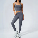 Women Tracksuit 2PCS Seamless Yoga Sets Hanging V Neck Slim Sports Tank Top Fitness Outfits Gym Running High Waist Leggings Suit