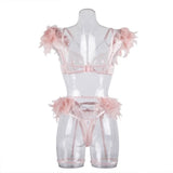 Toucheart 4 Piece Set Fun Lingerie For Women Feather Lace Splicing Chain Sexy Slim Mesh See-Through Sexy Lingerie Garters Suit