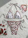 Cherry Print Halter Ruffled Frill Bikini Women Swimwear Female Swimsuit Two-pieces Bikini Set Bather Bathing Suit Swim Beachwear
