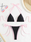 Sexy Micro Bikini 2025 Women Pink Blue Contrast Push Up Tie Side Thong Swimsuit Brazilian Beach Bandage Bathing Suit Swimwear