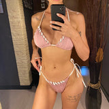8 Colors Halter Ribbed High Leg Cut Bikini Female Swimsuit Women Swimwear Two-pieces Bikini set Bather Bathing Suit Swim V5541Y