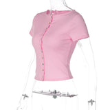 FDYOUI Pink T-shirts 2026 Summer Woman Clothes O-neck Single Breasted Cardigan Tops Female Short Sleeve Slim T Shirt Streetwear