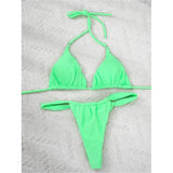 PU Pleated Ruched Bikinis Mini Micro Thong Bikini Women Swimwear Female Swimsuit Two-pieces Bikini Set Halter Bathing Suit Swim