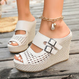 Hollow Out Chunky Wedges Sandals Women Fashion Buckle Peep Toe Super High Heels Sandals Woman Plus Size 43 Platform Slippers