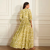 Women Bohemian Holiday Beach Long Dress 3/4 Sleeve V Neck Floral Print Loose Summer Casual Swing Dresses
