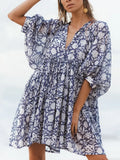 Foridol Lantern Half Sleeve Cyan Bohemian Beach Midi Loose Dress Summer for Women Tie Up Casual Floral Holiday Midi Vestidos