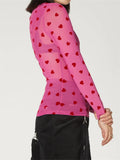 Women's Mesh Tops Long Sleeve Round Neck Heart Print Trendy T-Shirts Summer Spring Sexy Beach Club Shirts Cover-ups
