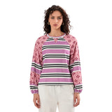Loose Knitted Tops Women Contrast Color Stripe Floral Print Long Sleeve Pullovers Fall Winter Casual Jumpers