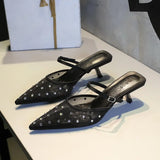 BIGTREE Crystal Mesh Fabric Pointed Toe Slippers Women Sexy Elegant Buckle Strap Party Prom Thin Low Heels Mule Shoes